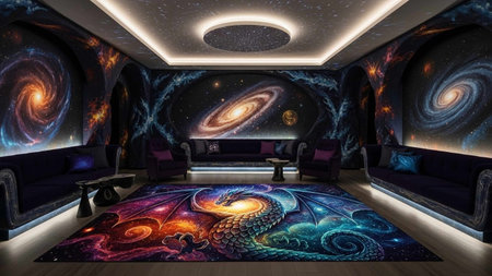 Interior of a modern room with a view of the universe. 3D rendering