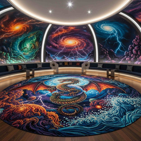 3D render of the interior of an alien planetarium with a view on the planets.