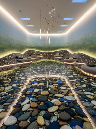 3D rendering of the interior of a spa with a lot of stones
