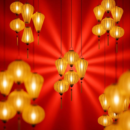 Chinese lanterns on a red background. Chinese New Year concept.の写真素材