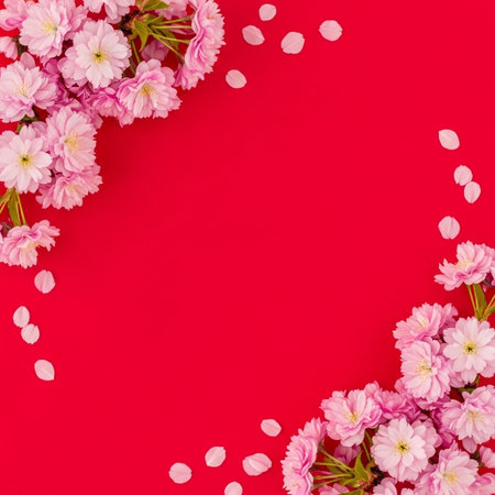 Pink sakura flowers on red background with copy space for your textの写真素材