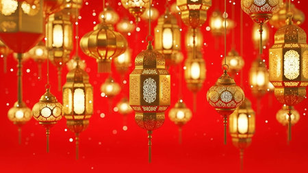 Lanterns hanging on red background.