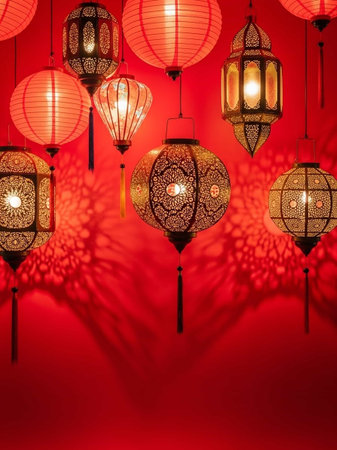 Beautiful Chinese lanterns hanging on a red wall. Festive background.の写真素材