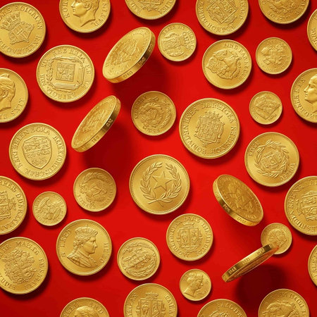 Gold coins on a red background. The concept of wealth and prosperity.の写真素材