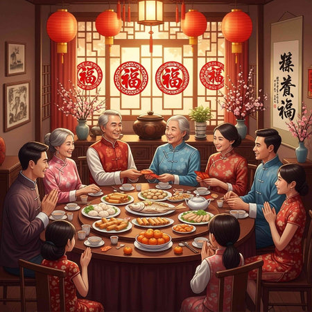 Happy Chinese New Year greeting card with family having dinner in Chinese restaurantの写真素材