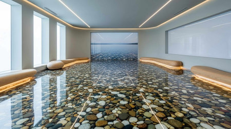 Interior of a modern room with pebble floor and sea view