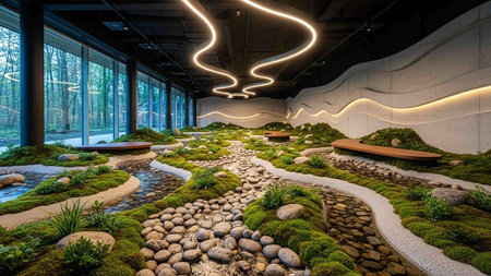 Luxury garden with stone walkway and green plants in the parkの写真素材