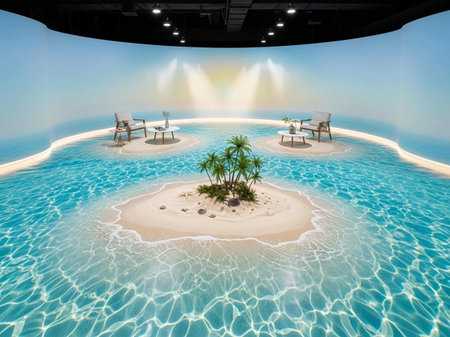 3D rendering of a tropical island with palm trees in the water