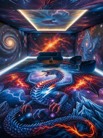3d rendering of a fantasy room with a sofa, a lamp and a dragon