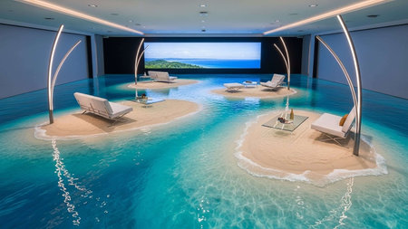 3D CG rendering of Modern luxury villa swimming pool with sea view