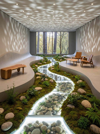 Interior of a hotel lobby with green garden.