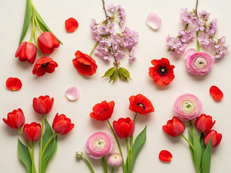 Flower composition. Tulips, ranunculus and hyacinth on white background. Flat lay, top viewの写真素材