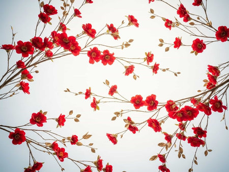 Red flowers with leaves on white background, vintage toned, retro style