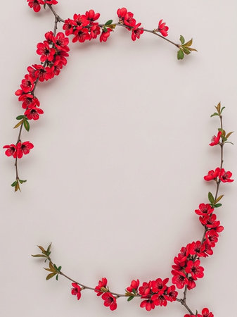 Frame made of red flowers on white background. Flat lay, top viewの写真素材
