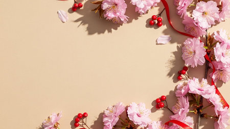 Flower composition. Frame made of cherry blossoms and red berries on beige background. Flat lay, top...