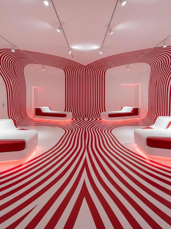 3d rendering of a modern interior design with red and white stripes