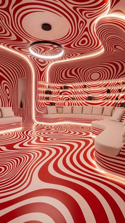 Interior of a modern hotel reception hall with red and white stripes