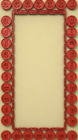 Vintage frame made of red coins on beige background with copy space