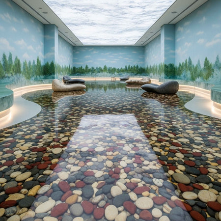3d render of modern house interior with pool and walkway.