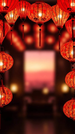 Red Chinese lanterns on the wall of a Chinese restaurant, 3D rendering