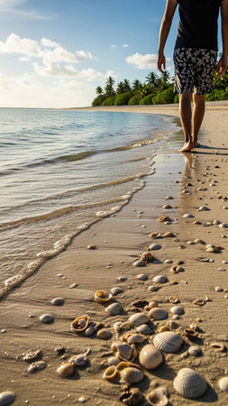 Man walking on the beach with seashells in the background.