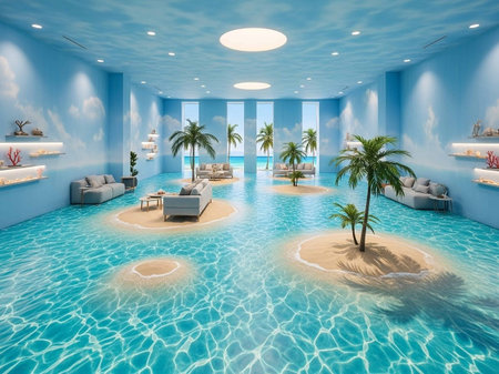 3d render of modern living room with swimming pool and blue wallの写真素材