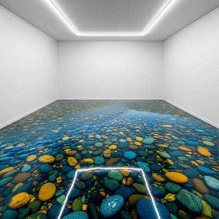 3d render of empty room with blue and yellow pebbles