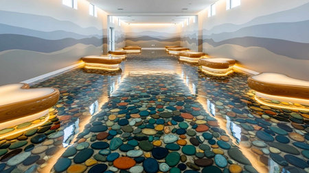 Interior of a modern hotel bathroom with stone floor and orange chairs