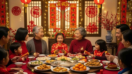 Happy Chinese New Year, asian family celebrating traditional lunar new yearの写真素材