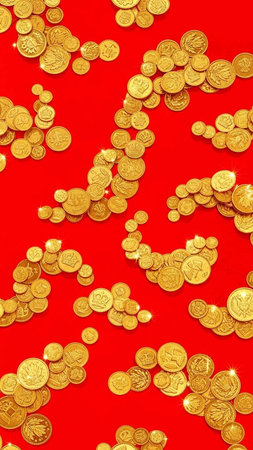 Chinese New Year gold coins on red background, closeup of photo