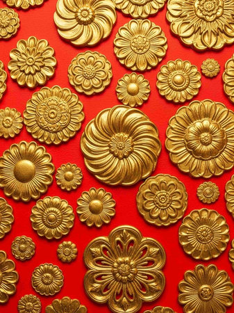 Golden flowers on a red background, close-up. Flat lay.
