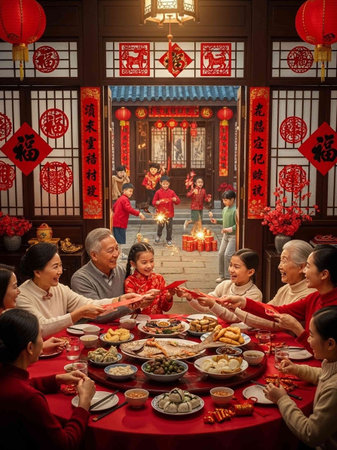 Traditional Chinese lunar new year dinner in Hong Kong.の写真素材