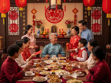 Chinese New Year dinner with family in traditional clothes. Chinese New Year concept.の写真素材