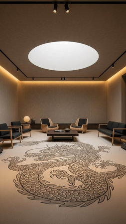 Interior of a hotel lobby with a circular pattern on the wall