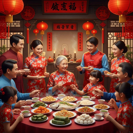 Happy Chinese New Year. Chinese family in traditional clothes at a festive table with food.の写真素材