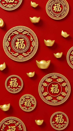 Chinese New Year ornaments and gold ingots on red background