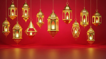Lanterns on red background. Ramadan Kareem. 3D rendering