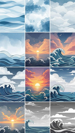 Sea waves and sunset. Set of backgrounds for your design. Vector illustration