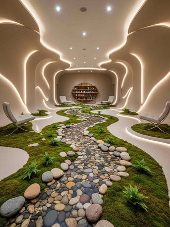 Luxury hotel lobby interior with a lot of green grassの写真素材