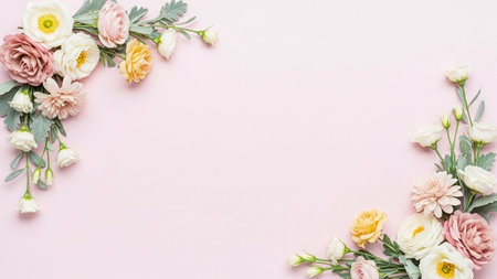 Flower composition. Frame made of pink ranunculus flowers on pastel pink background. Flat lay, top view, copy spaceの写真素材