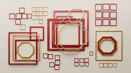Golden and red frames on a white wall. 3d rendering.