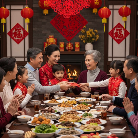 asian family celebrate chinese new year in dining room at homeの写真素材