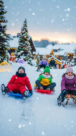 Group of happy kids having fun on a snow slide in front of christmas tree