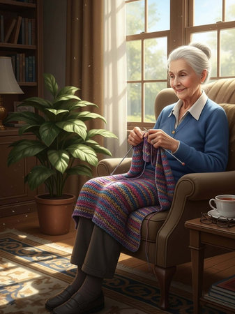 Elderly woman knitting at home. Senior woman sitting in armchair and knittingの写真素材
