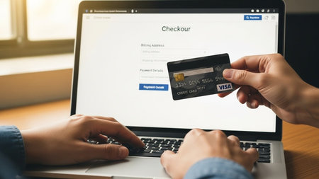 Man and woman use credit card for online shopping. E-commerce concept.