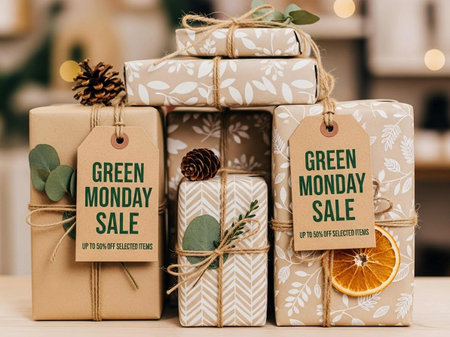 Christmas gift boxes with sale tags on rustic wooden backgroundの写真素材