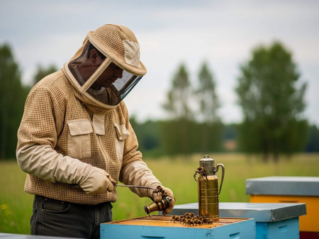 Beekeeper working with bees in apiary. Beekeeper at work.