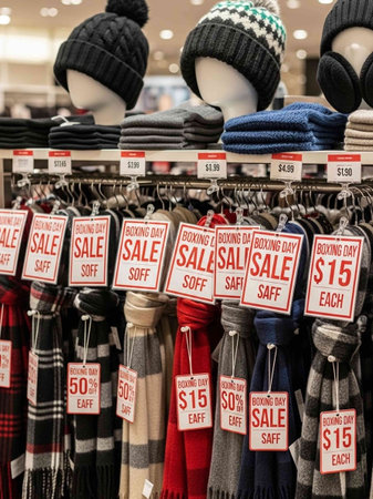 Sale and discount tags on mannequins in a clothing storeの写真素材