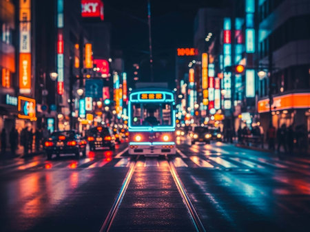 Bus on the street at night in Tokyo, Japan. (Filtered image processed vintage effect.)の写真素材