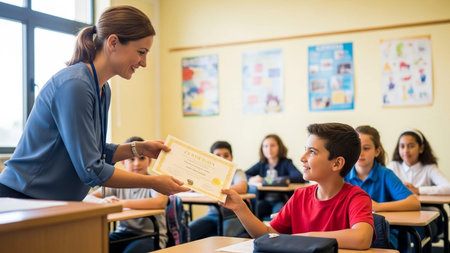 Female teacher giving notes to schoolboy in classroom at the elementary schoolの写真素材